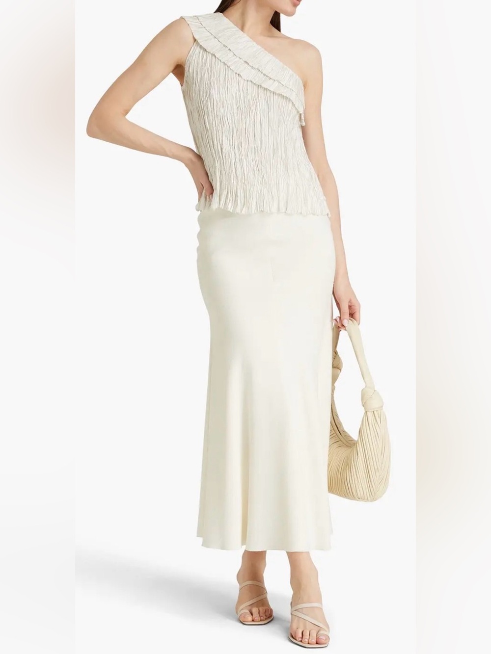 $350 ULLA JOHNSON Ravenna one-shoulder plissé-satin top